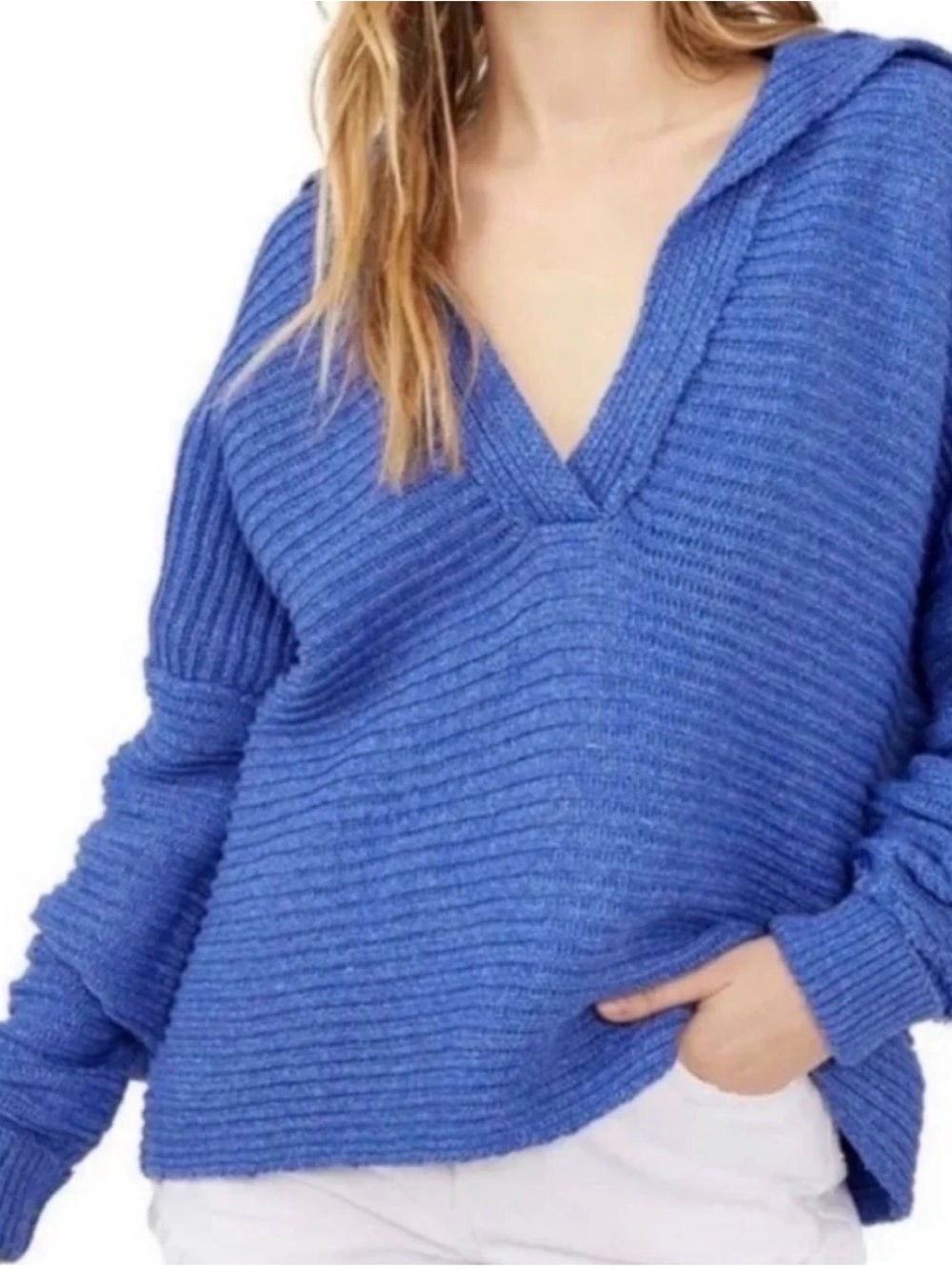 FREE PEOPLE XL Marlie/Marley Pullover knit V Neck Sweater in Cobalt Blue